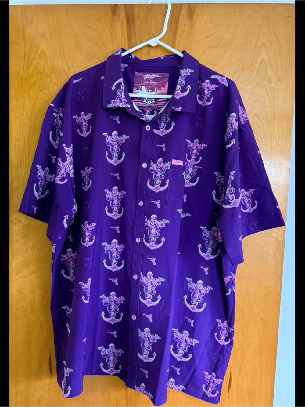 Men's Purple Anchor-Print Short-Sleeve Button-Down Shirt
